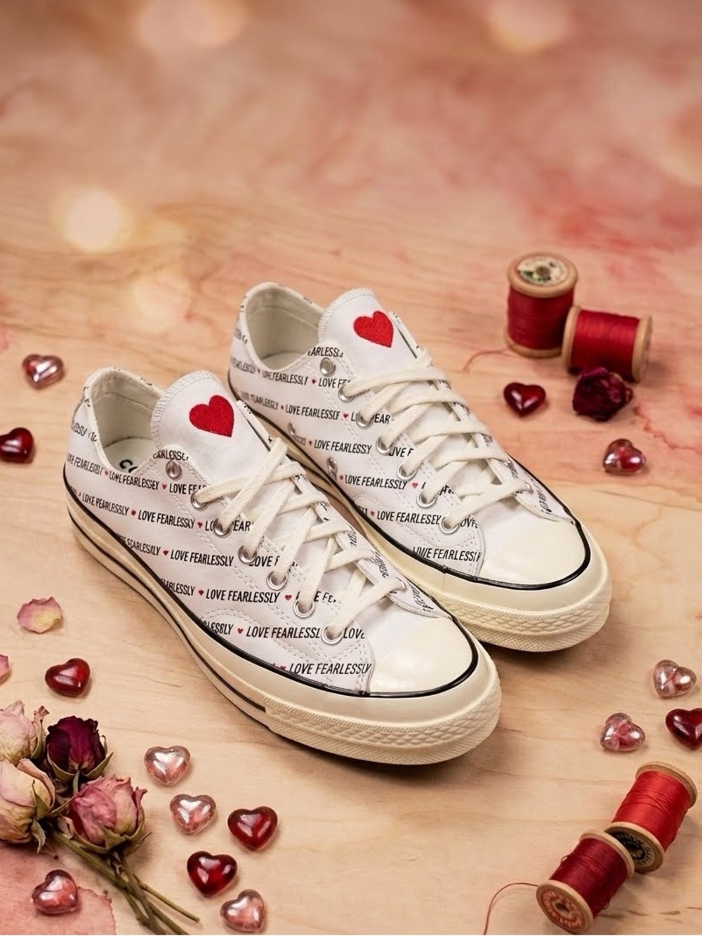 Converse Women's White Low-Top Sneakers with Red Heart love fearlessly new NWOB
